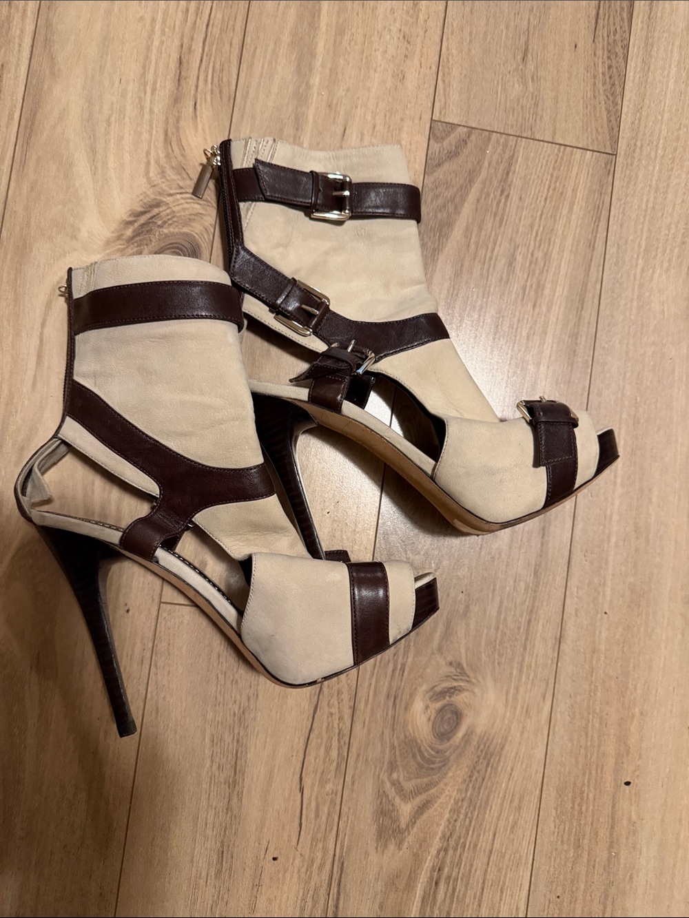 Report Signature Beige and Brown Strappy Stiletto Sandals